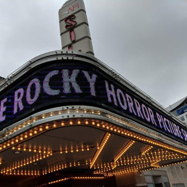 up view of the marquee at the AFI (American Film Institute) Sliver Theatre featuring the title Rocky Horror Picture
