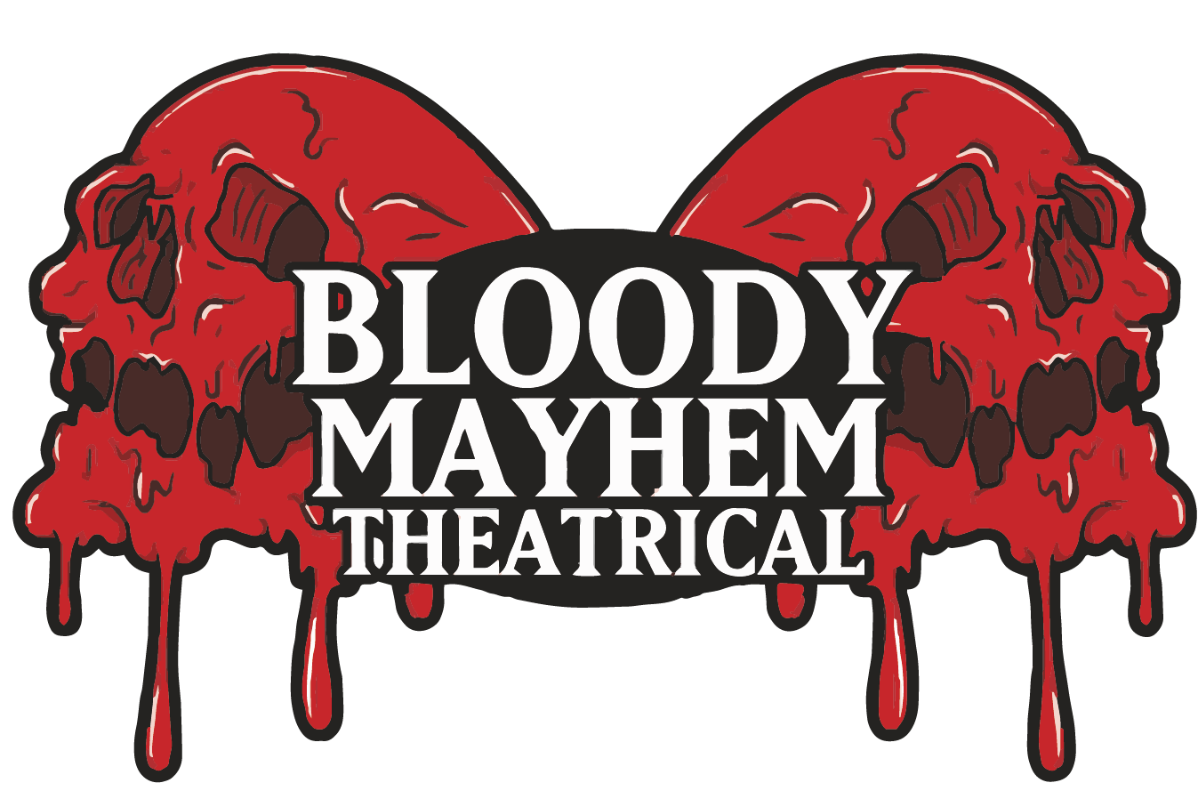 the Bloody Mayhem Theatrical Logo  two dripping red skulls